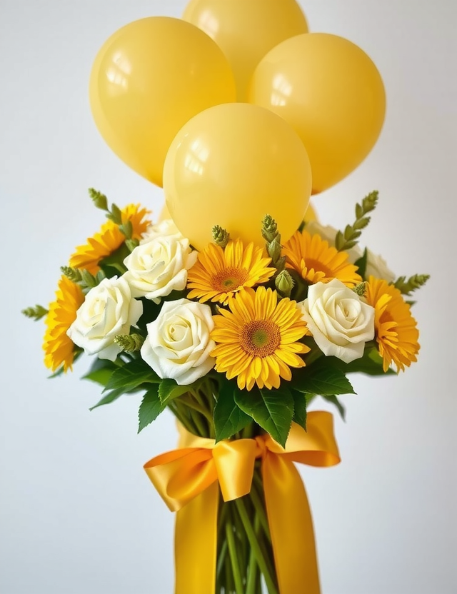 Tebrik çiçekleri - Enerjik sarı gerberalar ve balonlar